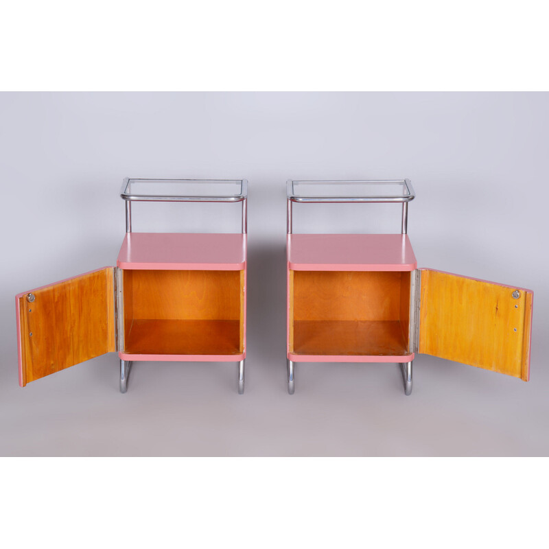 Paire de tables de chevet vintage Bauhaus en acier chromé, verre et bois, Tchécoslovaquie 1940