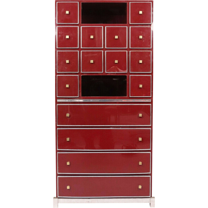 Vintage red secretary in brass, chrome and lacquer by Michel Pigneres, France 1970