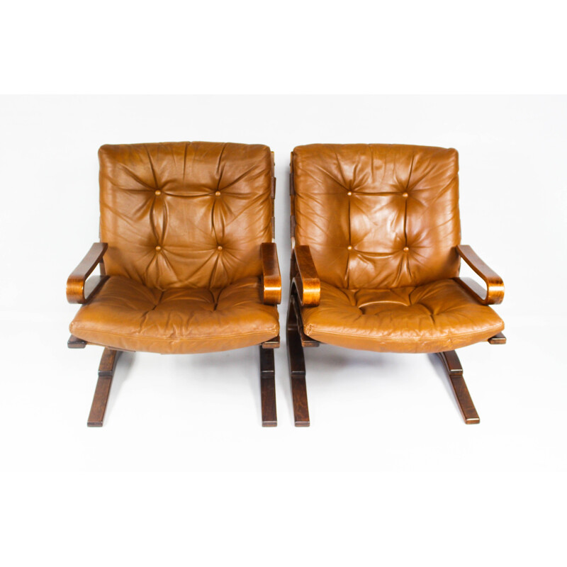 Pair of brown leather armchairs - 1970s