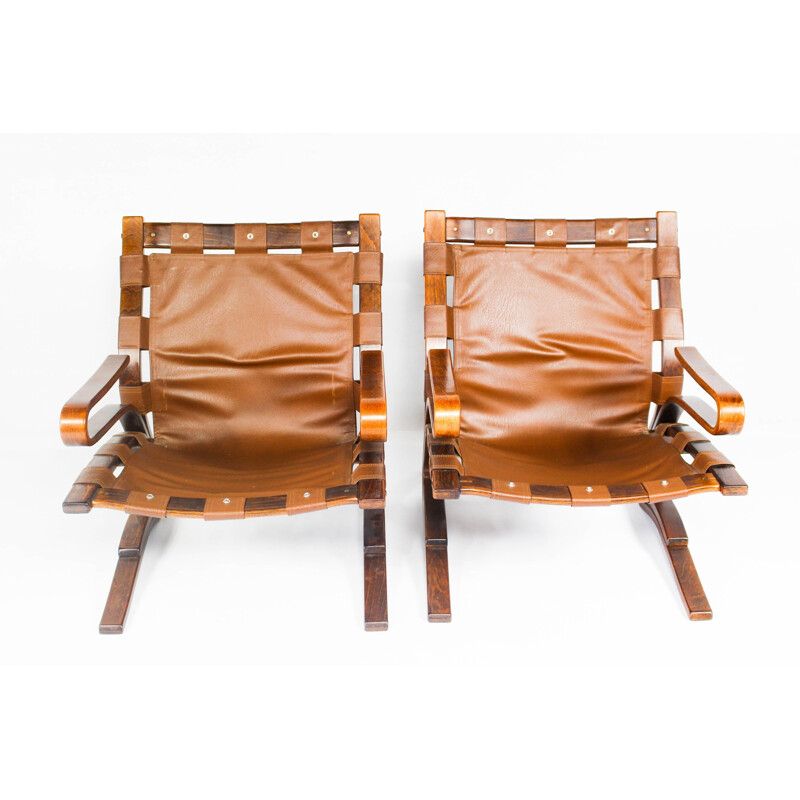 Pair of brown leather armchairs - 1970s