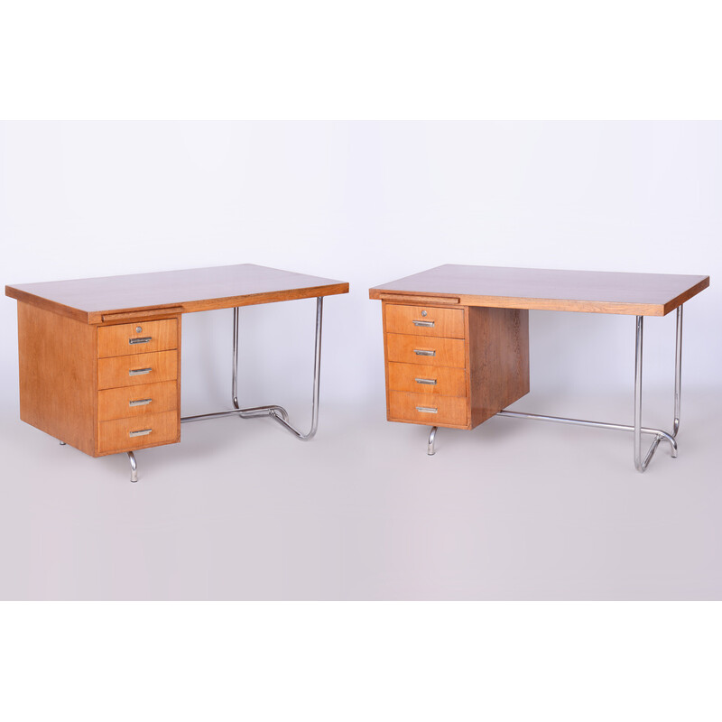 Pair of vintage desks in oak and chromed steel by Hynek Gottwald, Czechia 1930
