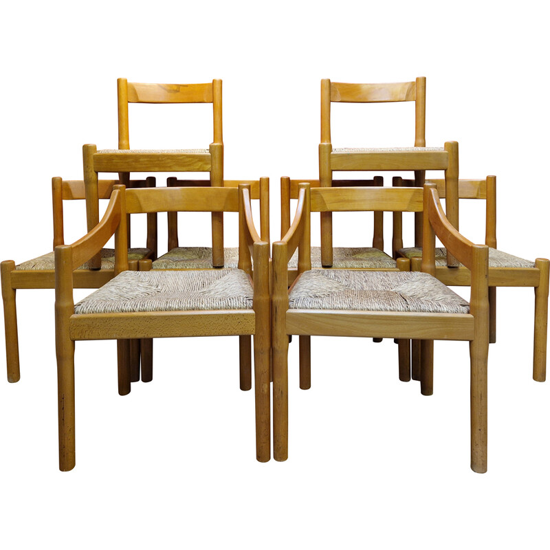 Set of 8 vintage chairs in solid beech by Vico Magistretti for Cassina, 1960