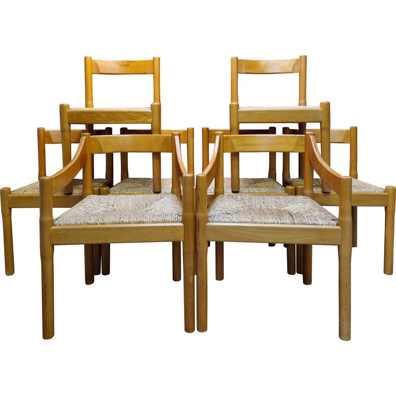 Set of 8 vintage chairs in solid beech by Vico Magistretti for Cassina, 1960