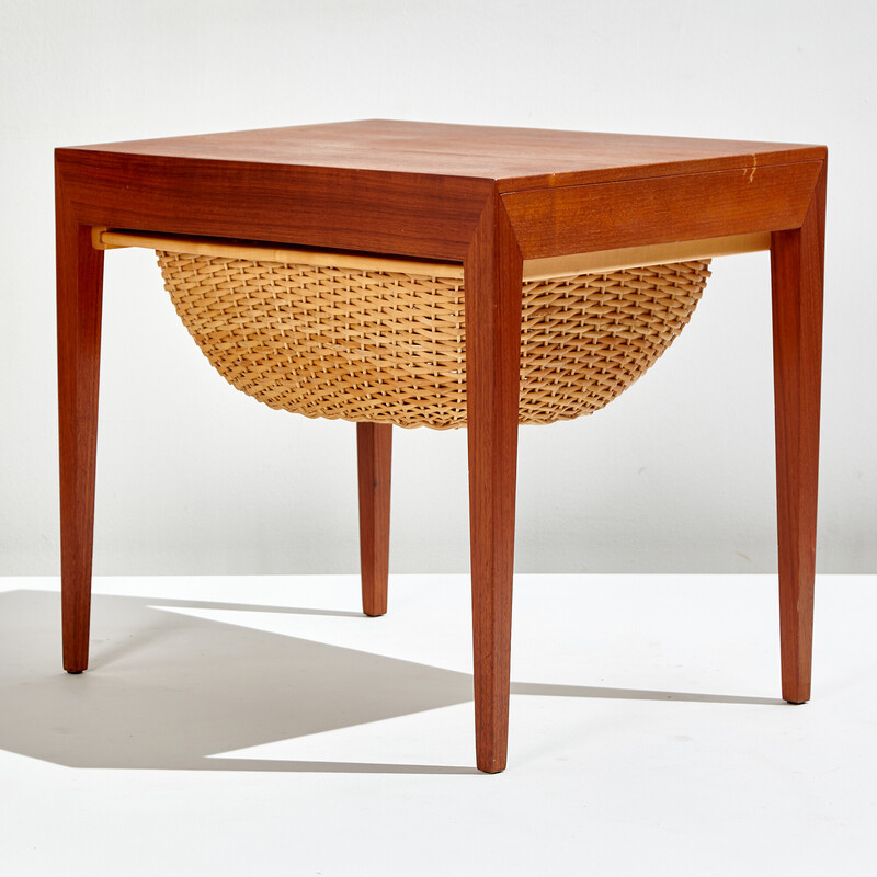 Vintage teak and wicker sewing table by Severin Hansen and produced by Haslev Møbelfabrik, Denmark 1960