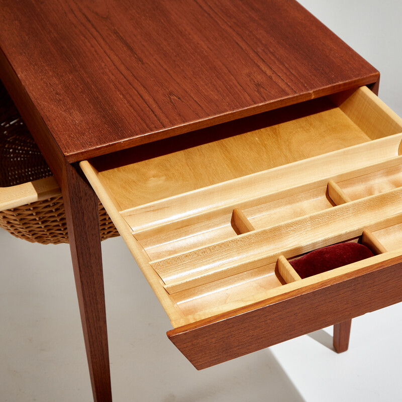 Vintage teak and wicker sewing table by Severin Hansen and produced by Haslev Møbelfabrik, Denmark 1960