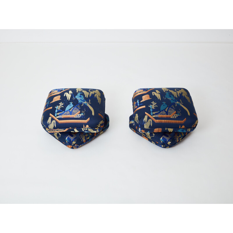 Pair of vintage poufs in royal blue jacquard fabric by Jacques Charpentier for Maison Jansen, 1970