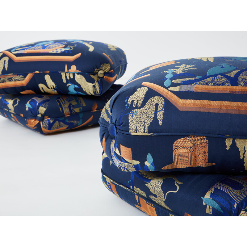 Pair of vintage poufs in royal blue jacquard fabric by Jacques Charpentier for Maison Jansen, 1970