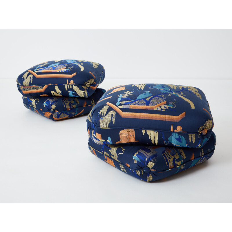 Pair of vintage poufs in royal blue jacquard fabric by Jacques Charpentier for Maison Jansen, 1970