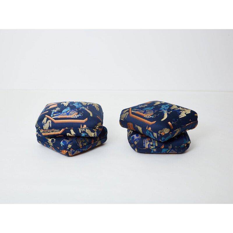 Pair of vintage poufs in royal blue jacquard fabric by Jacques Charpentier for Maison Jansen, 1970