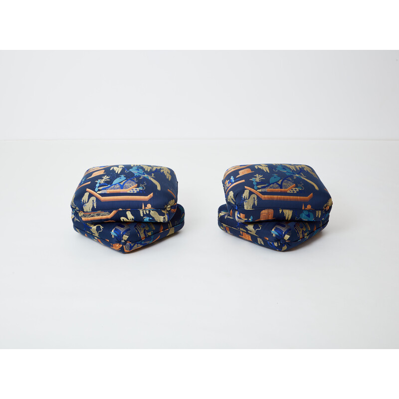 Pair of vintage poufs in royal blue jacquard fabric by Jacques Charpentier for Maison Jansen, 1970