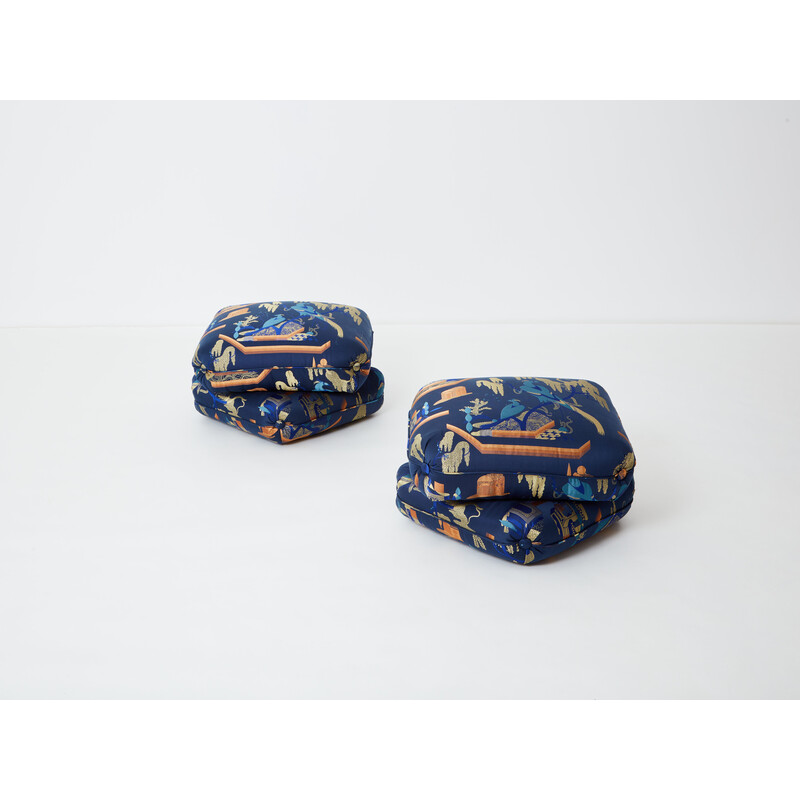 Pair of vintage poufs in royal blue jacquard fabric by Jacques Charpentier for Maison Jansen, 1970