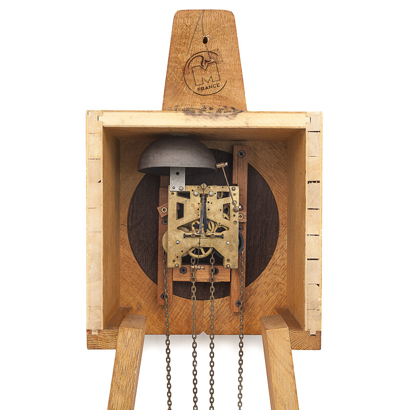 Vintage skeleton clock "Adrien" in oak by Guillerme and Chambron