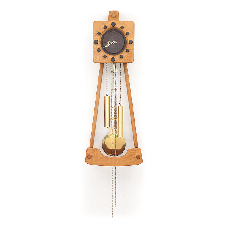 Vintage skeleton clock "Adrien" in oak by Guillerme and Chambron