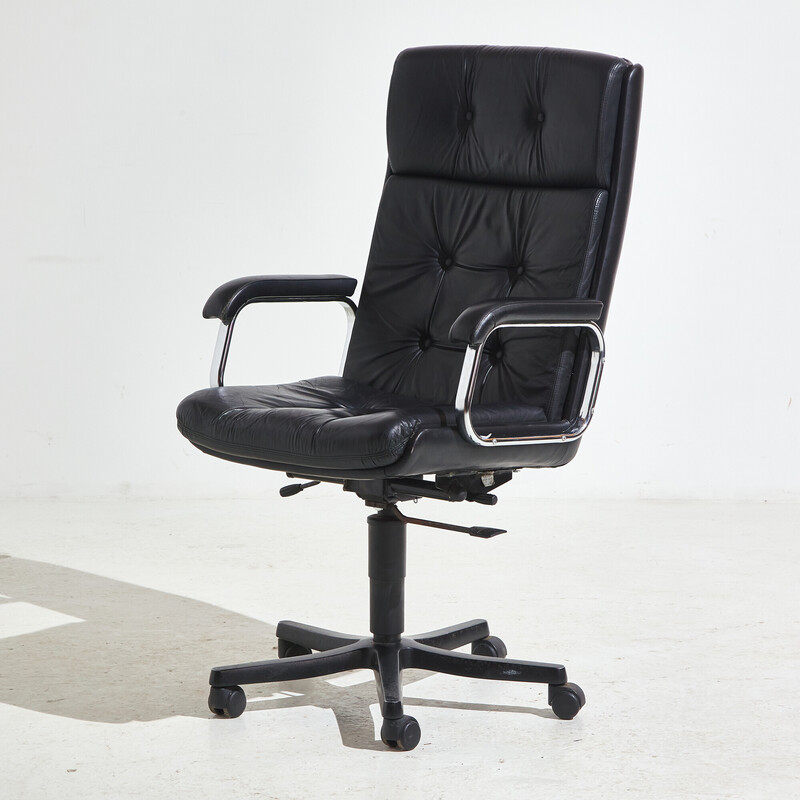 Vintage swivel office chair in chrome and leather, Italy