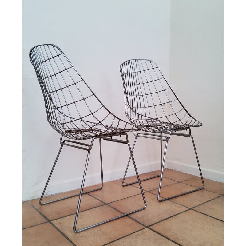 Pair of vintage Sm05 wire chairs by Cees Braakman and A. Dekker for Pastoe, 1950