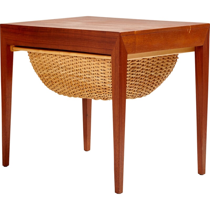 Vintage teak and wicker sewing table by Severin Hansen and produced by Haslev Møbelfabrik, Denmark 1960