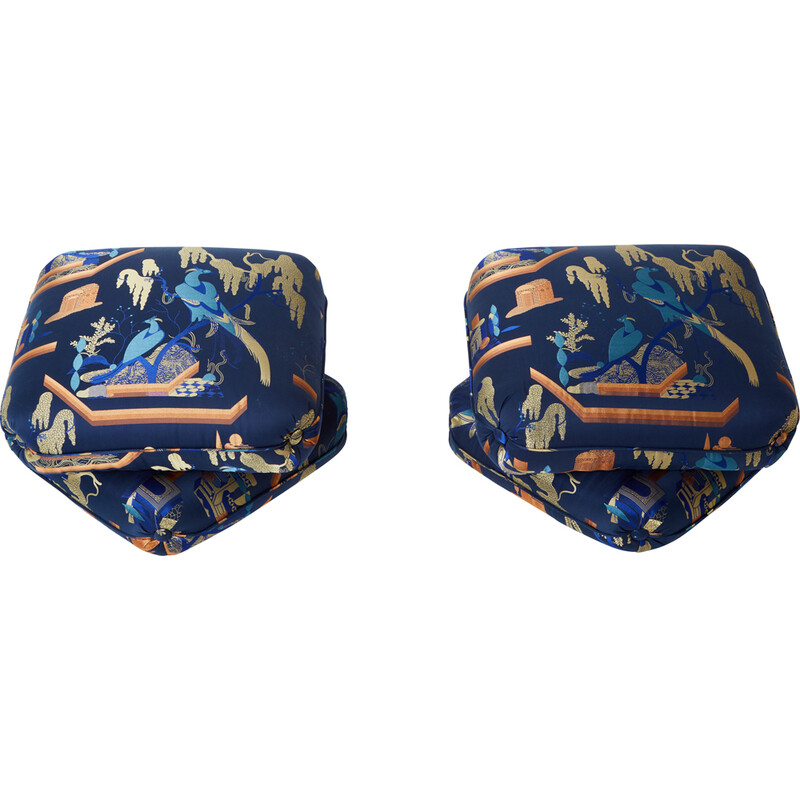 Pair of vintage poufs in royal blue jacquard fabric by Jacques Charpentier for Maison Jansen, 1970