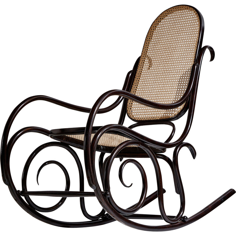 Cadeira de baloiço vintage "Modelo 825" em madeira e vime de Michael Thonet, 1900