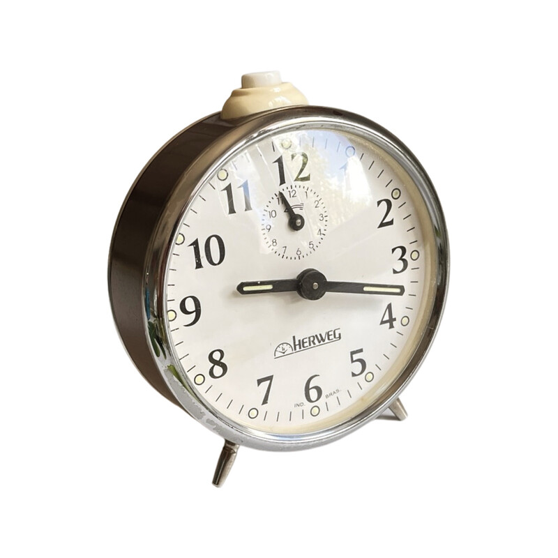 Vintage silver and brown mechanical alarm clock for Herweg, Germany 1980
