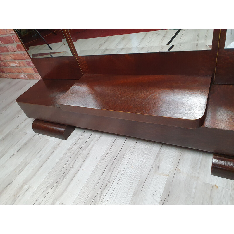 Vintage Art Deco console in teak with a central mirror