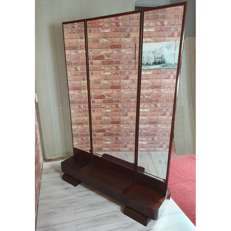 Vintage Art Deco console in teak with a central mirror