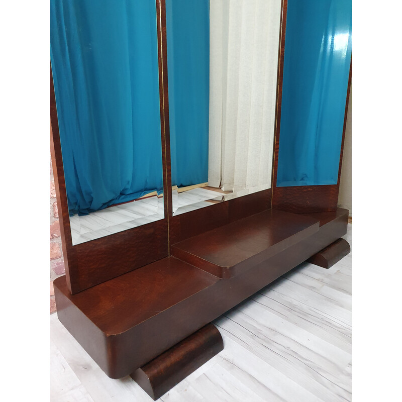 Vintage Art Deco console in teak with a central mirror