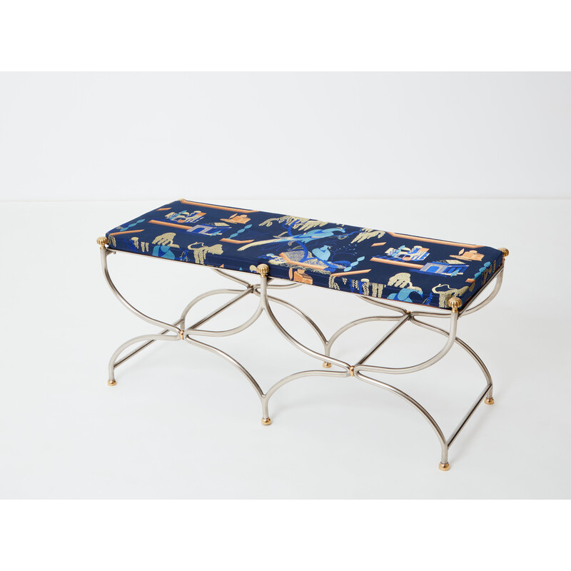 Vintage Savonarola curule bench in steel and brass for Maison Jansen circa 1960