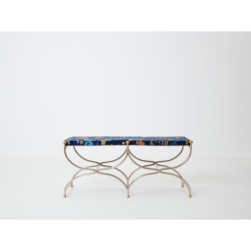 Vintage Savonarola curule bench in steel and brass for Maison Jansen circa 1960