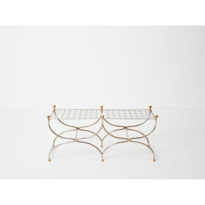 Vintage Savonarola curule bench in steel and brass for Maison Jansen circa 1960