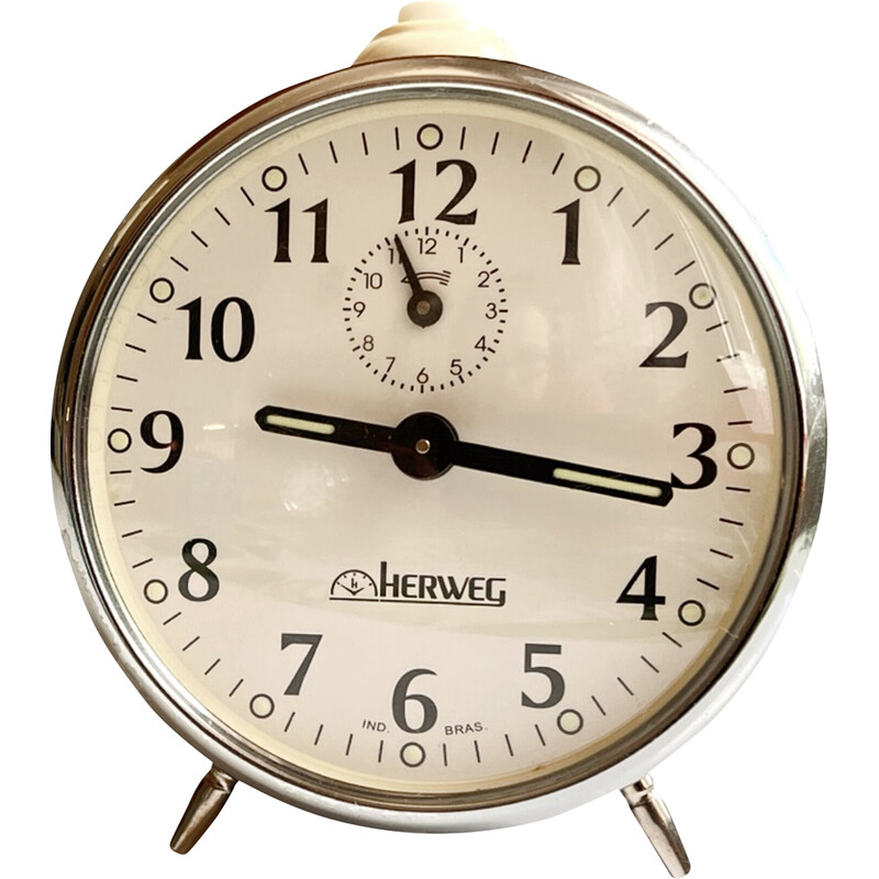 Vintage silver and brown mechanical alarm clock for Herweg, Germany 1980