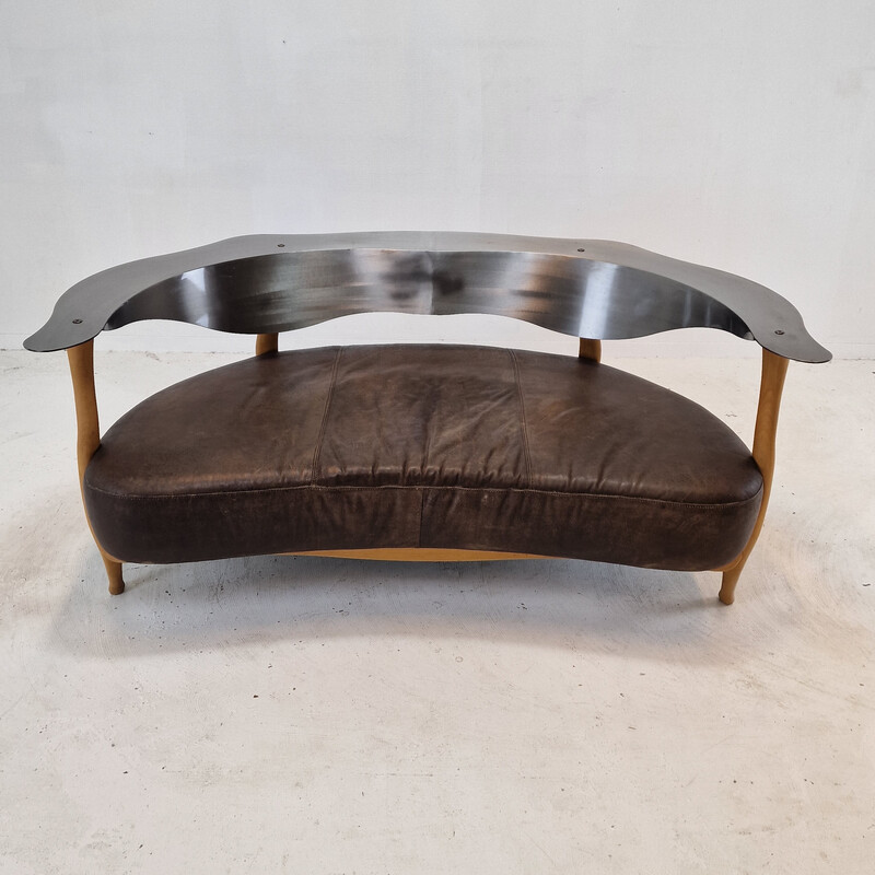 Vintage "Fantasy Island" sofa in wood, steel and leather by Kurt Bayer, Germany 1980