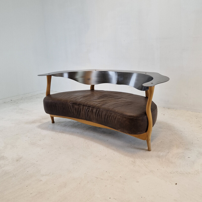 Vintage "Fantasy Island" sofa in wood, steel and leather by Kurt Bayer, Germany 1980