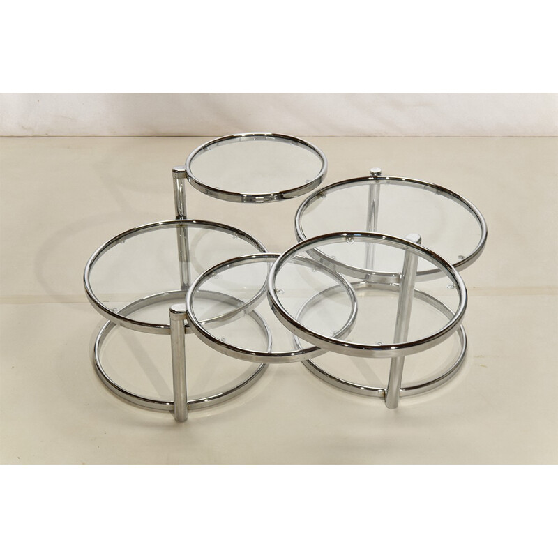 Ensemble de 2 tables basses rondes en chrome et en verre - 1980