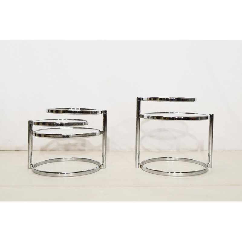 Set of 2 chrome and glass round coffee tables - 1980s