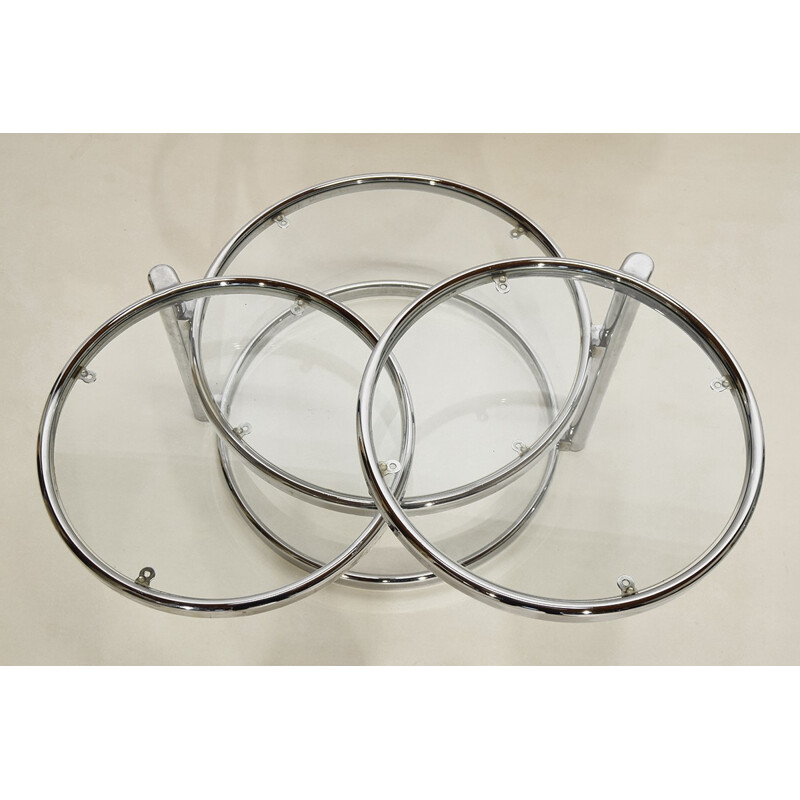 Set of 2 chrome and glass round coffee tables - 1980s