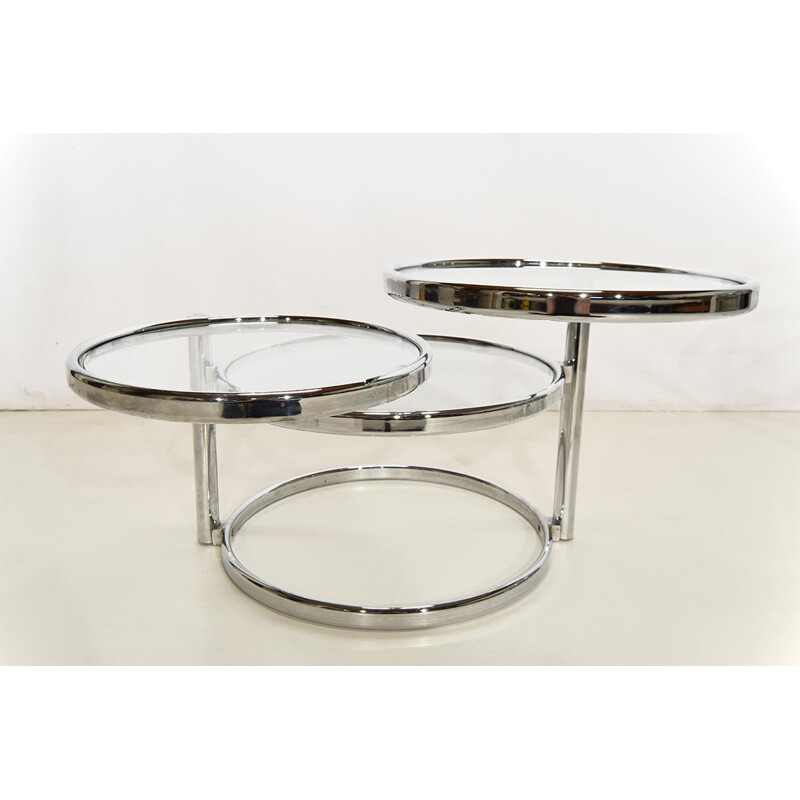 Set of 2 chrome and glass round coffee tables - 1980s