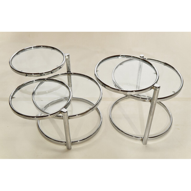 Set of 2 chrome and glass round coffee tables - 1980s