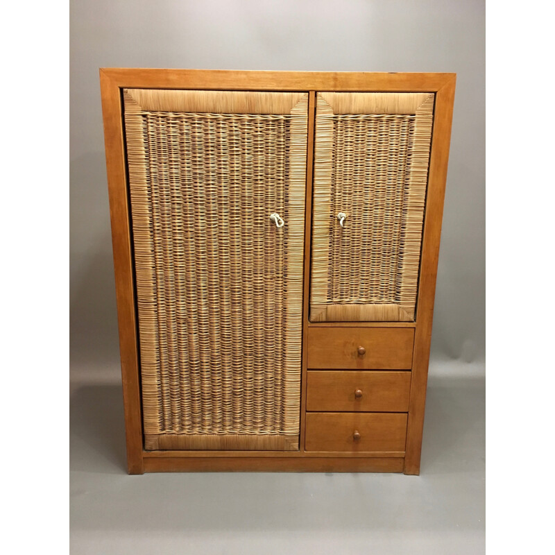 Scandinavian cabinet in oak and wicker - 1950s