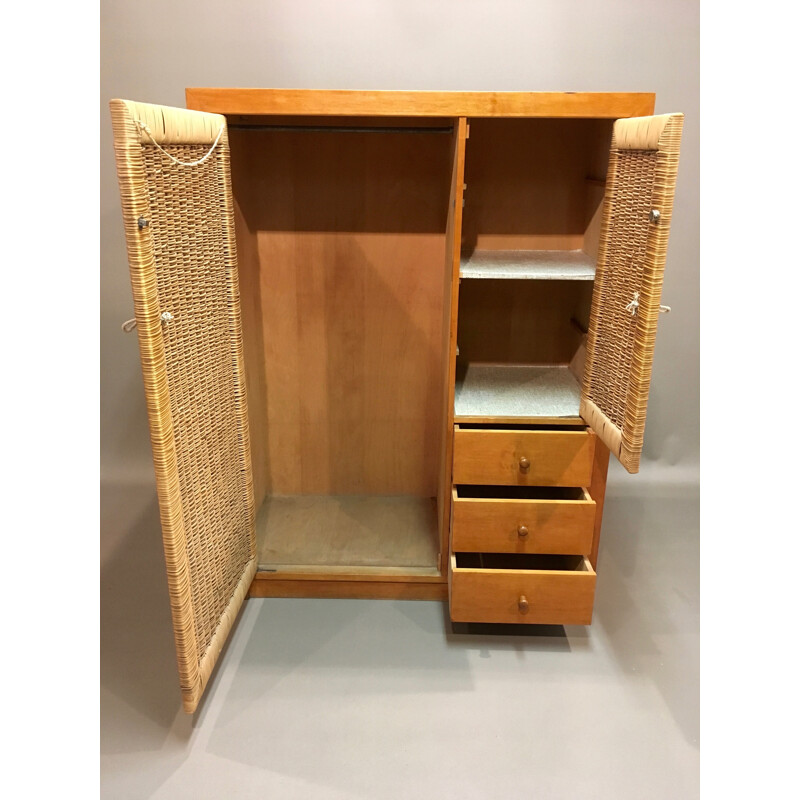 Scandinavian cabinet in oak and wicker - 1950s