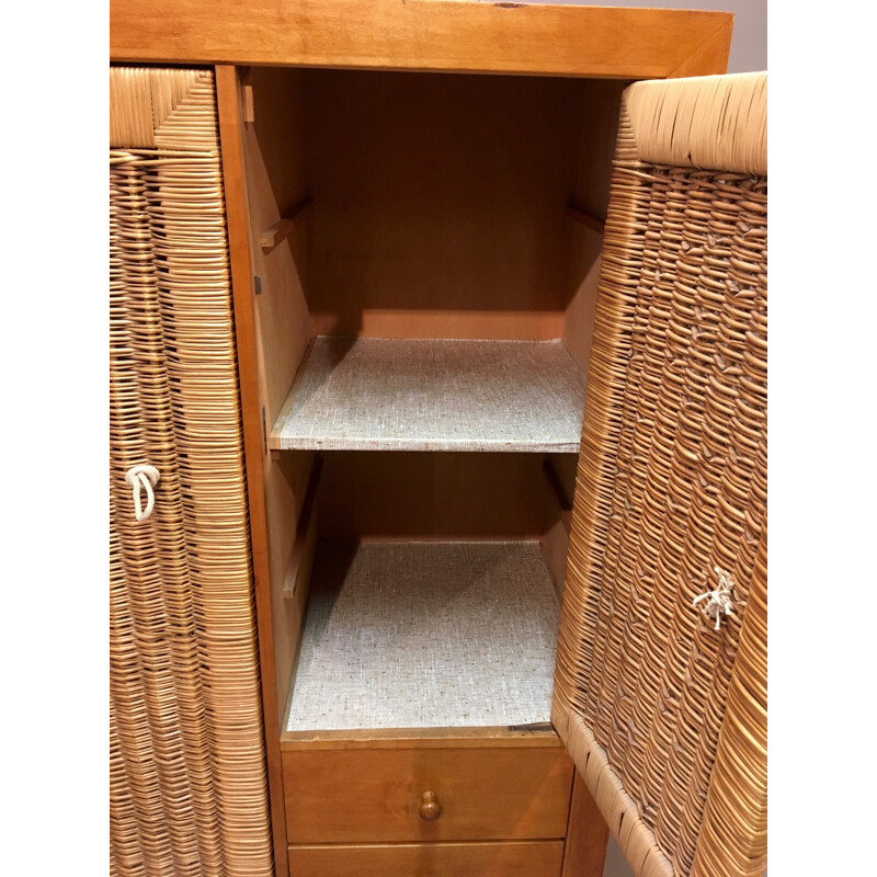 Scandinavian cabinet in oak and wicker - 1950s