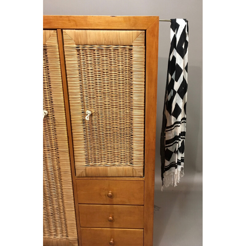 Scandinavian cabinet in oak and wicker - 1950s