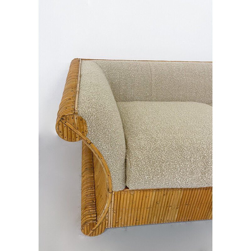 Mid-century three seater in beige boucle fabric and rattan, Italy 1960s