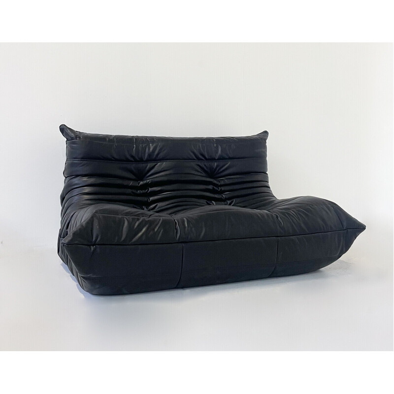 Mid-century black leather "Togo" sofa by Michel Ducaroy for Ligne Roset, 1970s