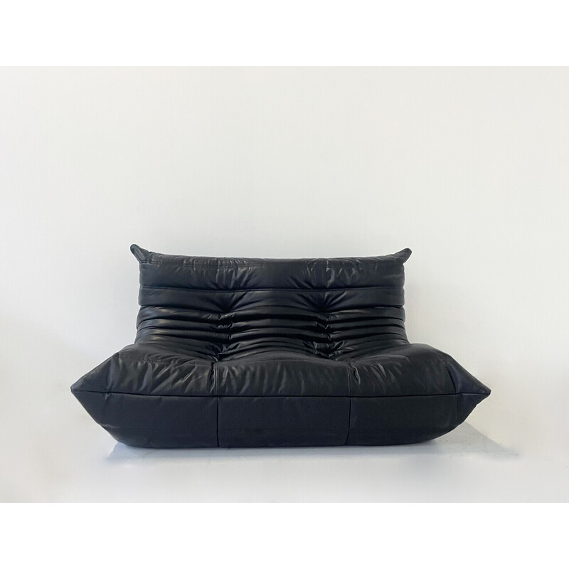 Mid-century black leather "Togo" sofa by Michel Ducaroy for Ligne Roset, 1970s