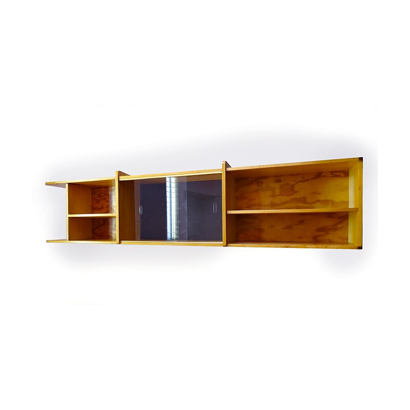 Large mid century wall shelf with glass doors - 1960s