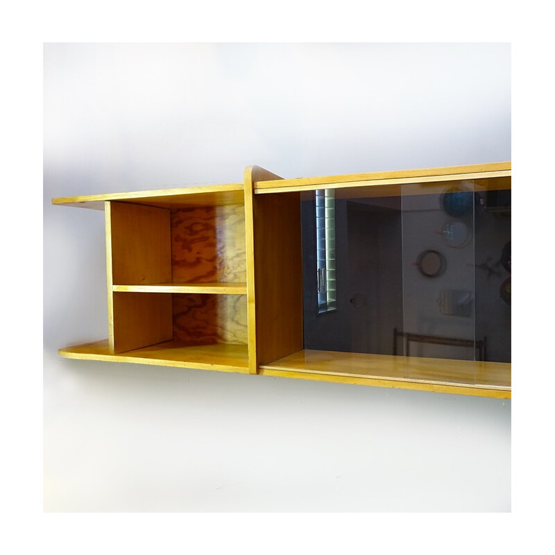 Large mid century wall shelf with glass doors - 1960s