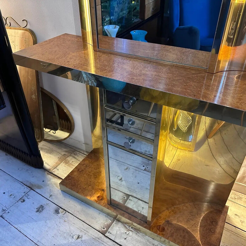 Vintage console and mirror in walnut, brass and glass, Italy 1970