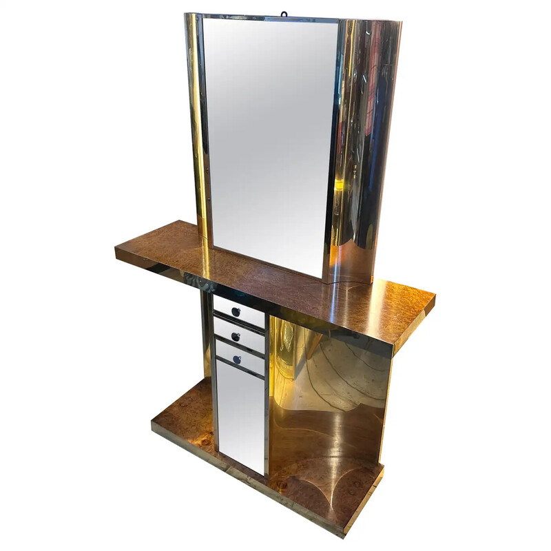Vintage console and mirror in walnut, brass and glass, Italy 1970