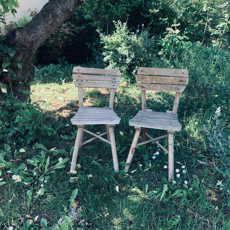 Pair of vintage wooden garden chairs for children