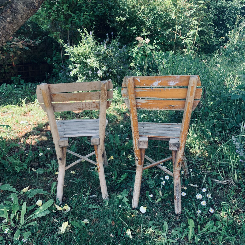 Pair of vintage wooden garden chairs for children